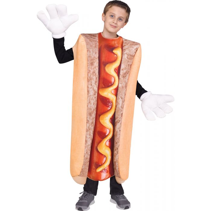 Child wearing a hot dog costume on a white background
