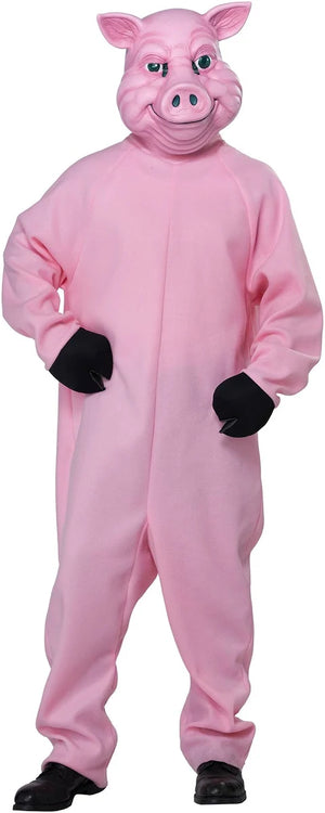 Pink pig costume with a full-body design on a white background