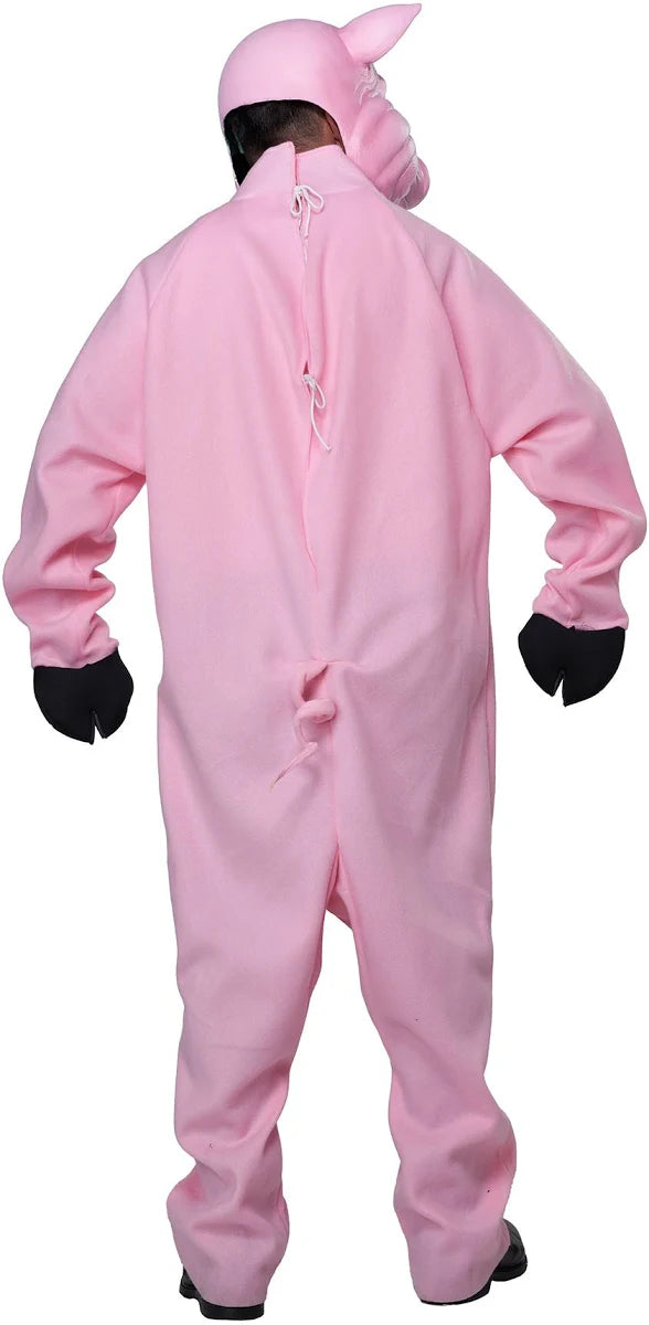 Person wearing a pink onesie with a hood on a white background