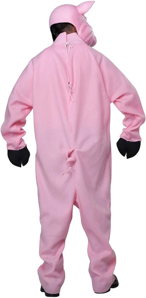 Person wearing a pink onesie with a hood on a white background