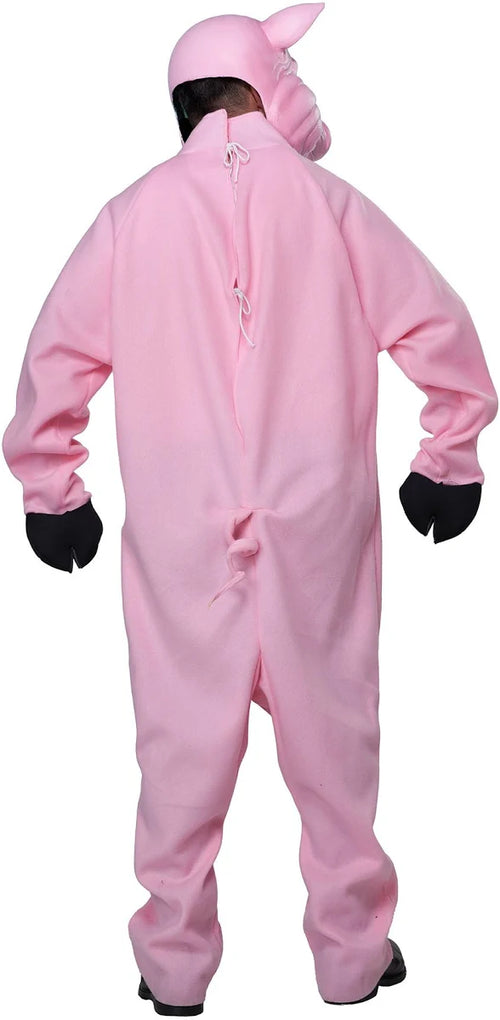 Person wearing a pink onesie with a hood on a white background