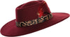 Maroon hat with a leopard print band and red feather on a white background