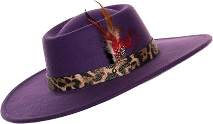 Purple hat with a leopard print band and feather decoration on a white background