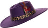 Purple hat with a leopard print band and feather decoration on a white background
