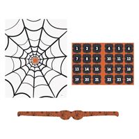 Halloween-themed items including a spider web, clock, and ribbon on a white background
