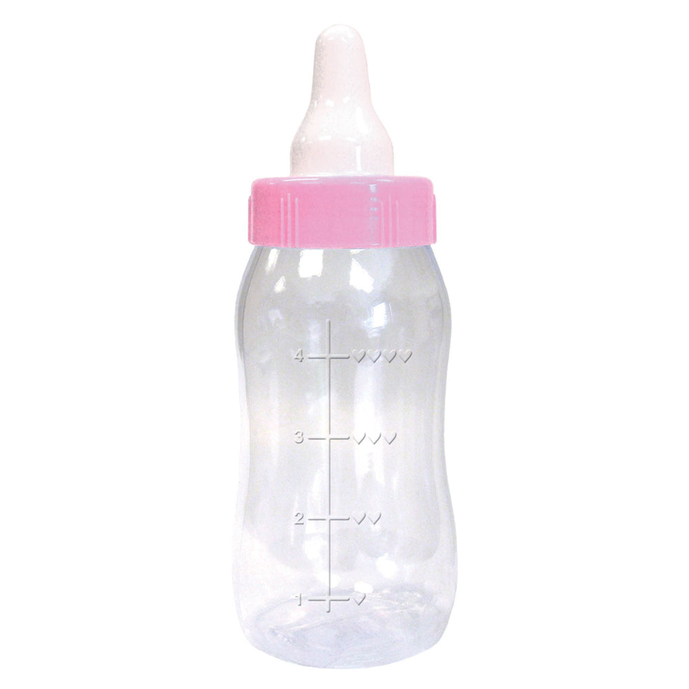 Clear baby bottle with a pink cap on a white background
