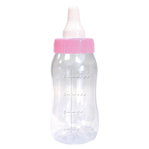 Clear baby bottle with a pink cap on a white background
