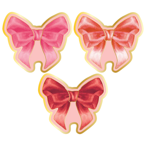Three pink bow-shaped cookies on a white background
