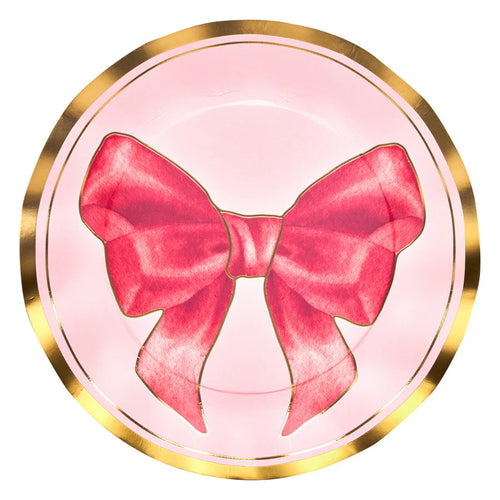 Pink bow with gold border on a white background