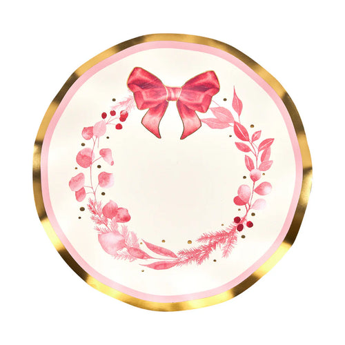 Decorative plate with a pink bow and floral design on a white background