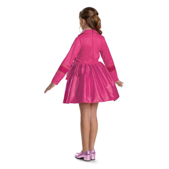 A child model shown from the back wearing a shiny hot pink costume dress with matching pink shoes against a plain white background.