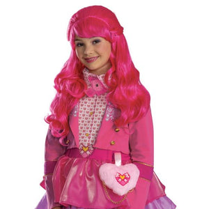 Child wearing a pink costume with a wig on a white background
