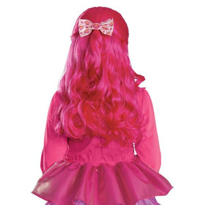 A child's long, wavy bright pink wig with a matching pink bow headband, shown from the back on a white background.