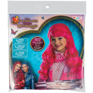 Disney Descendants of the Wizard of the World Pink Wig in retail packaging, featuring a young girl modeling bright pink hair on the front of the card.