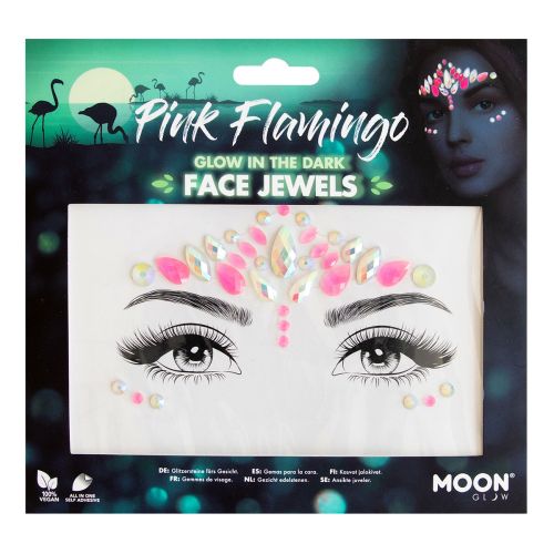 Packaging of Pink Flamingo glow in the dark face jewels with a scenic background.
