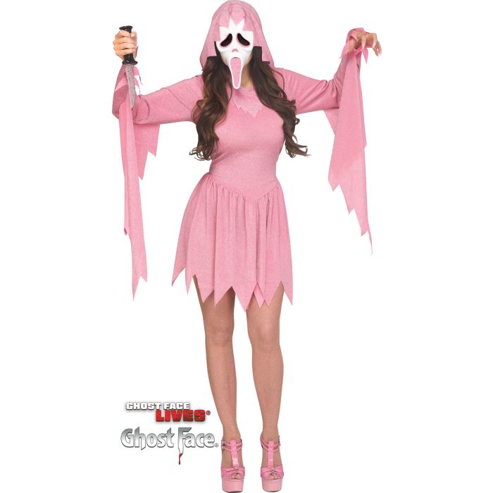 A woman modeling a Ghostface costume consisting of a pink hooded dress with jagged hem and sleeves, a white Ghost Face mask with black eyes and a pink tongue, and pink platform heels, on a white background.