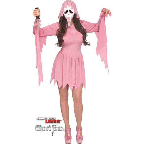 A woman modeling a Ghostface costume consisting of a pink hooded dress with jagged hem and sleeves, a white Ghost Face mask with black eyes and a pink tongue, and pink platform heels, on a white background.