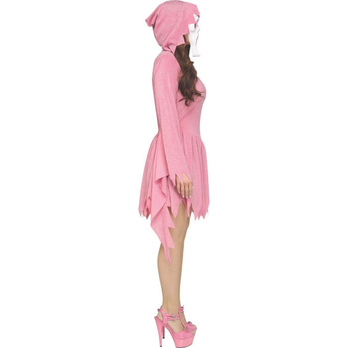 A woman modeling a pink hooded dress costume with long sleeves, a ruffled asymmetrical hem, and matching pink platform heels against a plain white background.