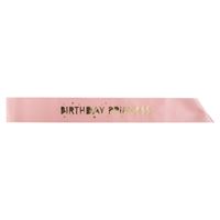 Pink party sash with 'Birthday Princess' text on a white background