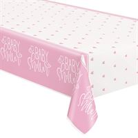 Pink tablecloth with 'Baby Shower' text and white polka dots on a white background