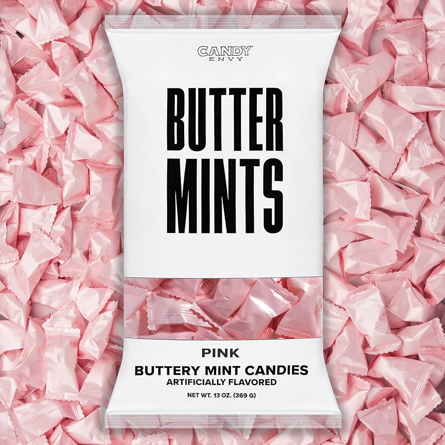 Candy Envy Butter Mints packaging on a pink candy background