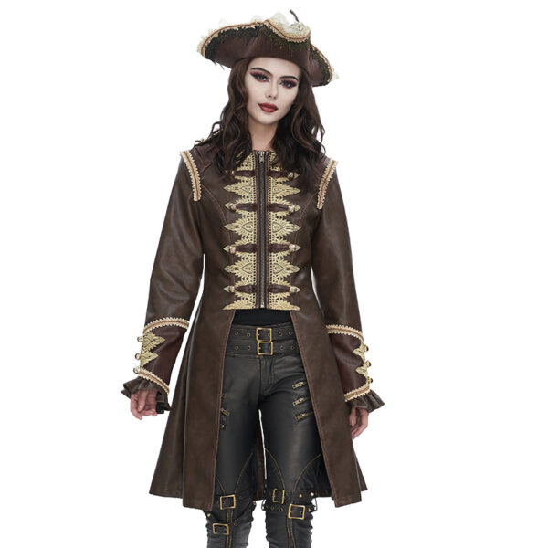 Person wearing a detailed brown pirate costume with a white background