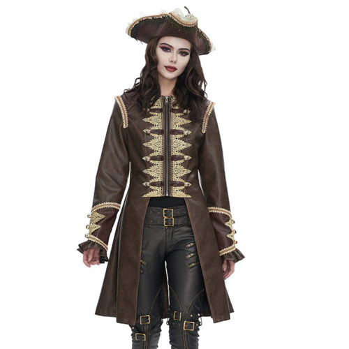 Person wearing a detailed brown pirate costume with a white background