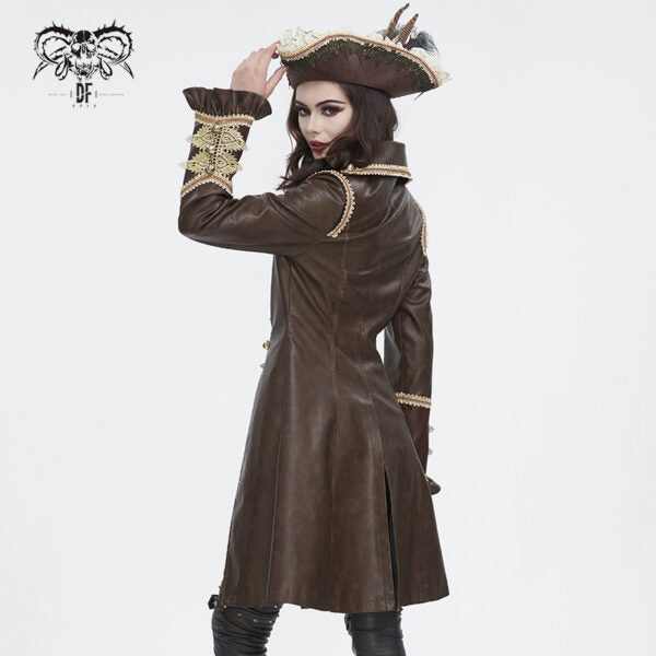 Person wearing a brown leather coat with decorative elements on a white background