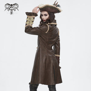 Person wearing a brown leather coat with decorative elements on a white background