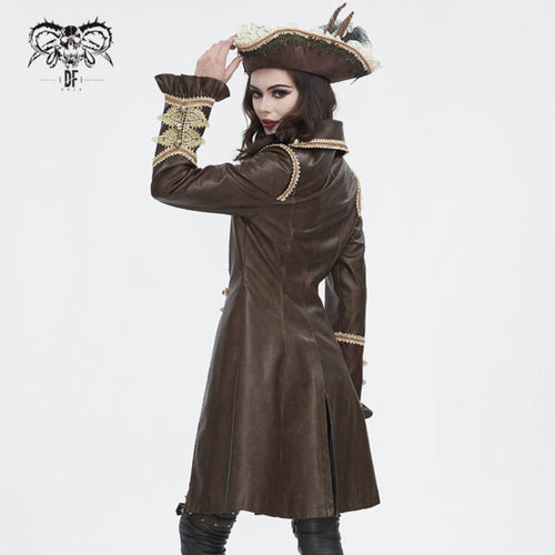 Person wearing a brown leather coat with decorative elements on a white background