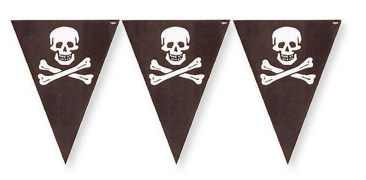 Three triangular flags with skull and crossbones design on a white background