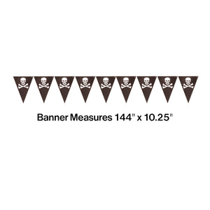 Pirate-themed banner with skull and crossbones design on a white background