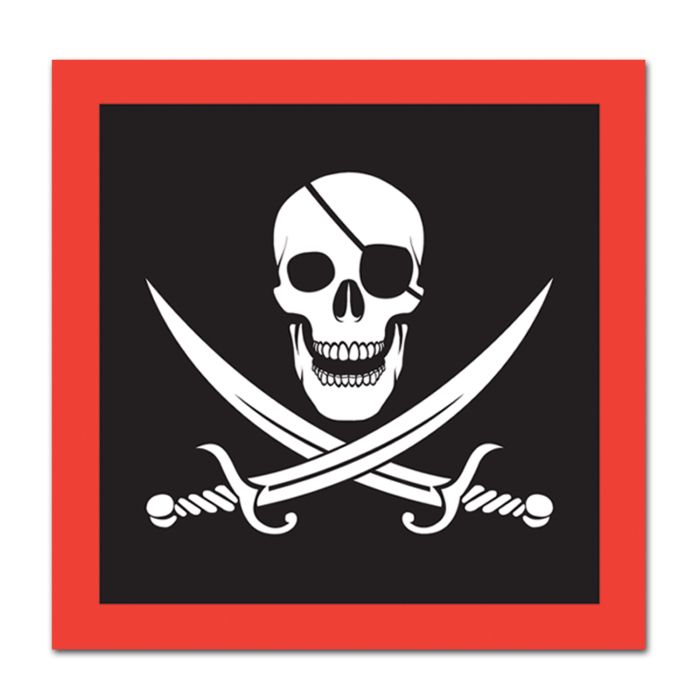 Pirate flag with skull and crossed swords on a black background with a red border.