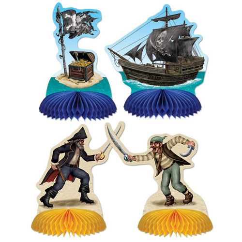 Set of pirate-themed party decorations including a ship, treasure chest, and two pirates on a white background.