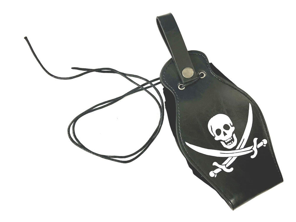Black pouch with a skull and crossbones design on a white background