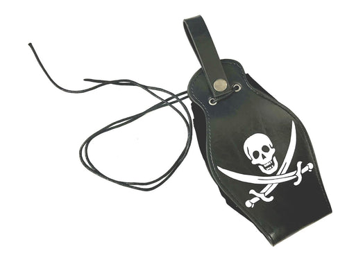 Black pouch with a skull and crossbones design on a white background