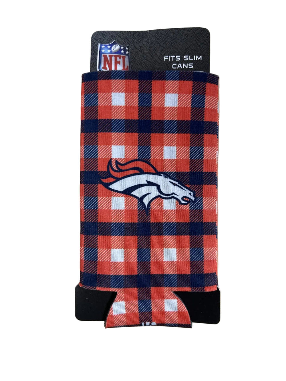 Plaid can cooler with Denver Broncos logo on a wooden surface