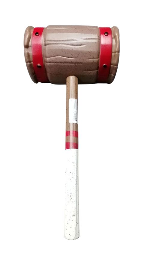 Wooden mallet with red bands and a temperature gauge on a white background
