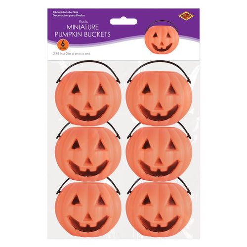 Pack of miniature pumpkin buckets with smiling faces on a white background