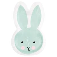 Mint green bunny face with pink cheeks on a white background