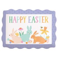 Happy Easter card with bunnies and flowers on a white background