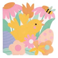 Colorful children's book cover with a chick, flowers, and a bee on a white background