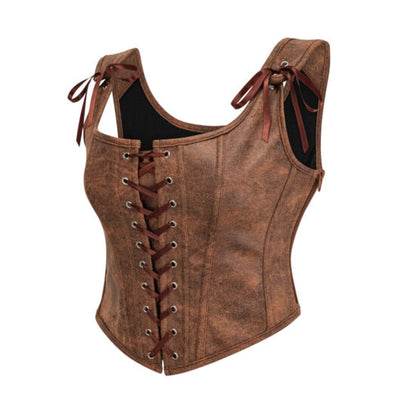 Pleather Front Lace Corset-Brown
