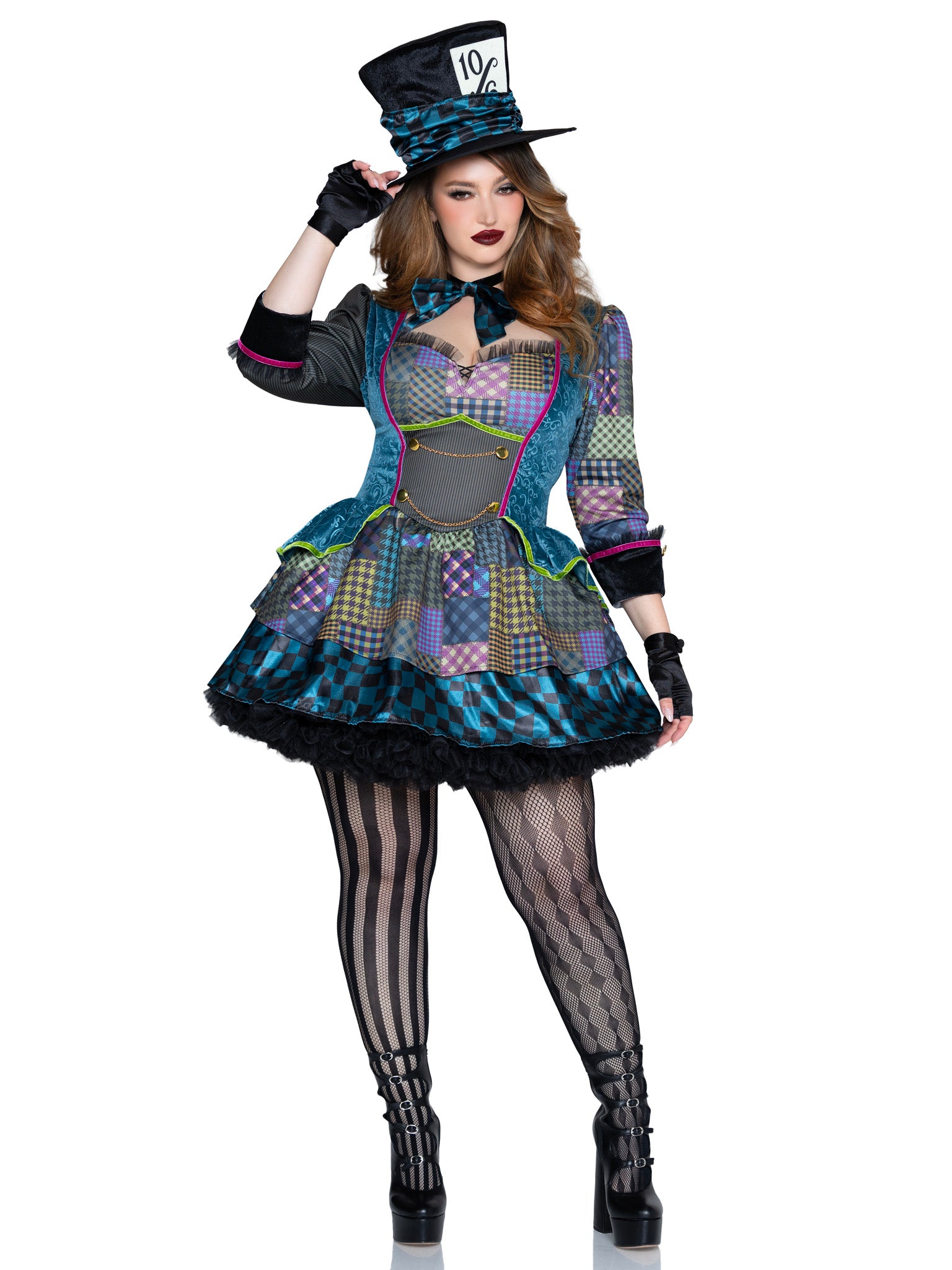 Woman wearing a colorful costume with a top hat on a white background