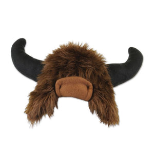 Plush toy with brown fur and black horns on a white background