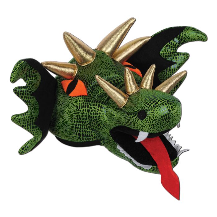 Green dragon toy with gold spikes on a white background