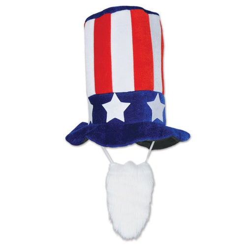 Plush dog costume with American flag design on a white background