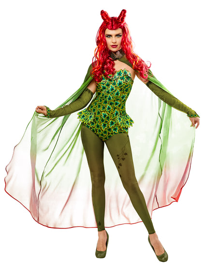 Person wearing a green and red costume with a cape on a white background