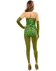 Woman wearing a green patterned bodysuit on a white background