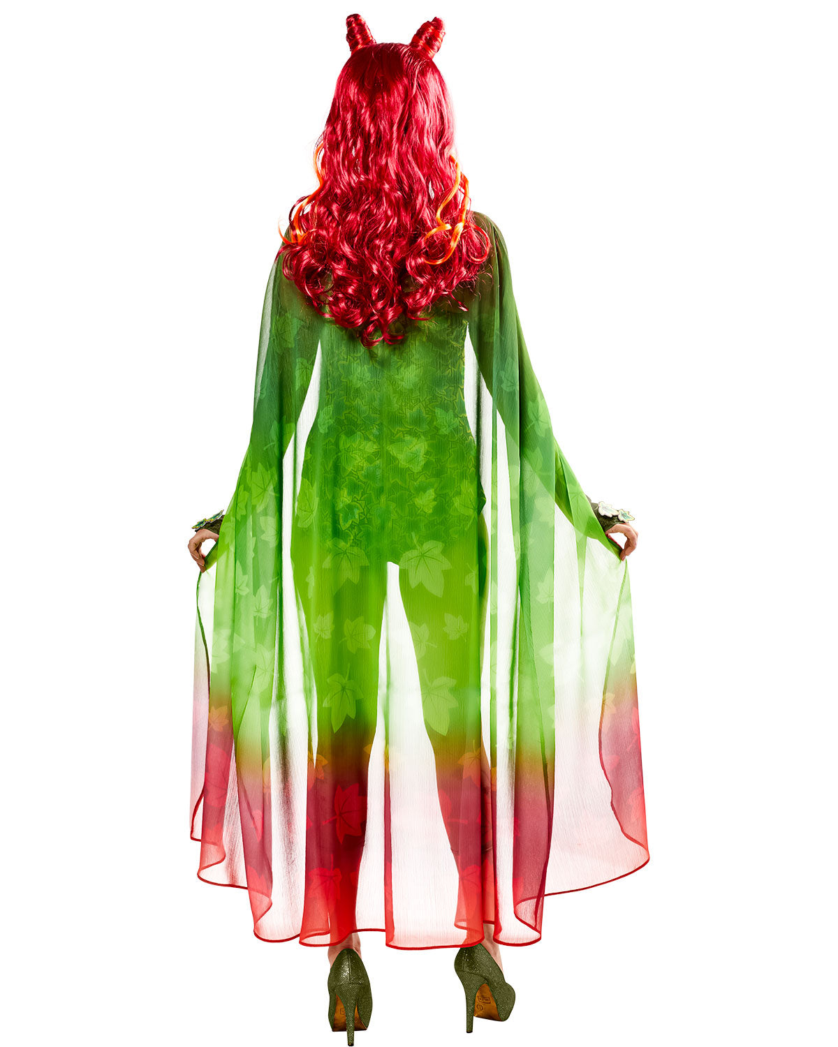 Green and red costume with sheer overlay on a white background